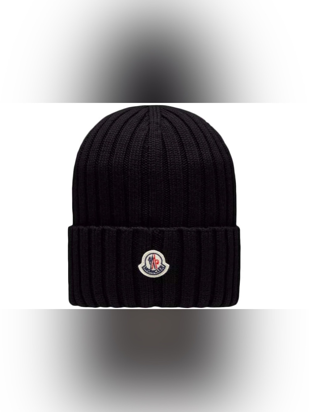 Moncler Black Ribbed Beanie Cap BRAND NEW Embroidered Logo Patch Hat NWT